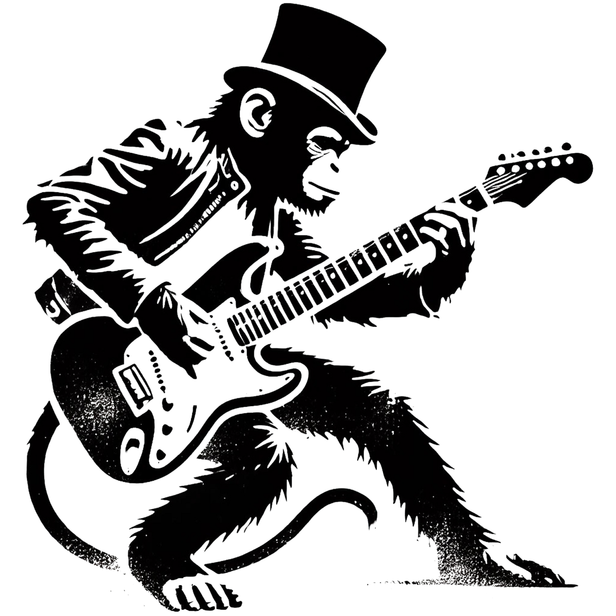 Affe mit Zylinder und E-Gitarre